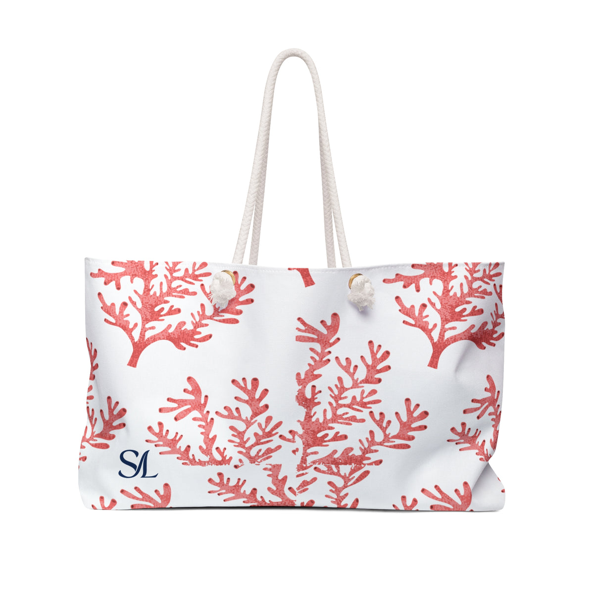 Barrier Reef 24 × 13 inch weekender tote with orange coral on a white background — front product photo