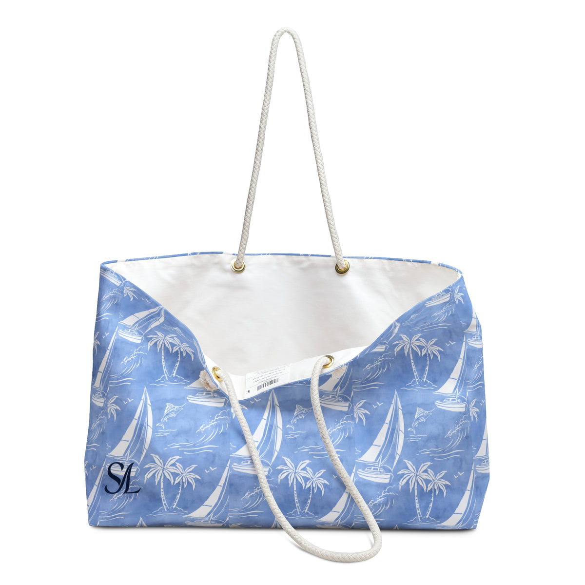 Trade Winds 24 × 13 inch weekender tote with blue sailboats — product photo 3