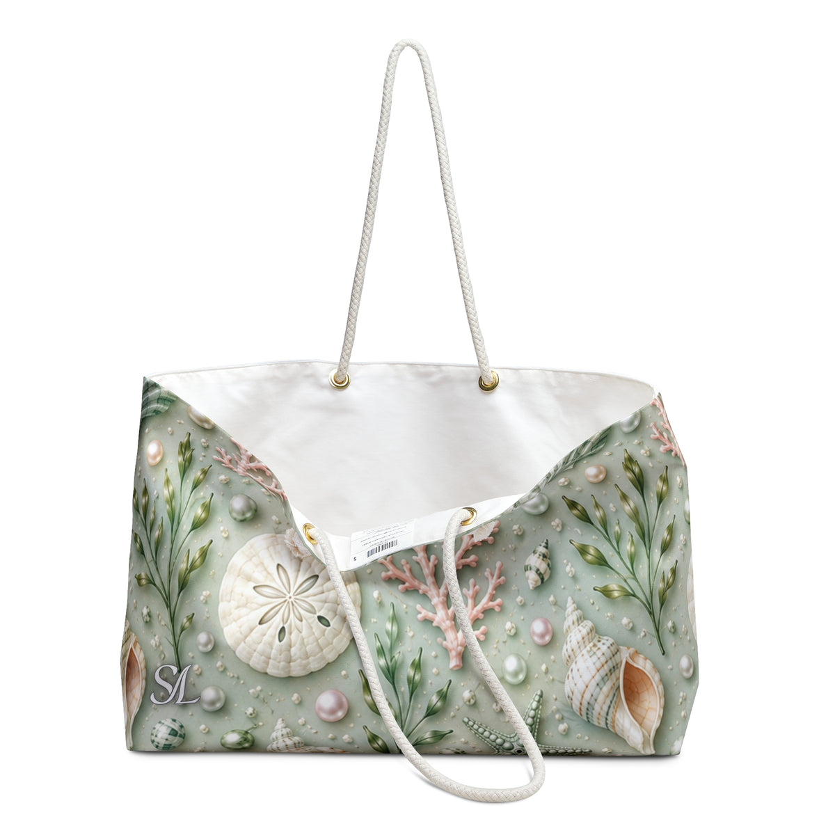 Seaside Pearl 24 × 13 inch weekender tote with soft green sea life — product photo 3