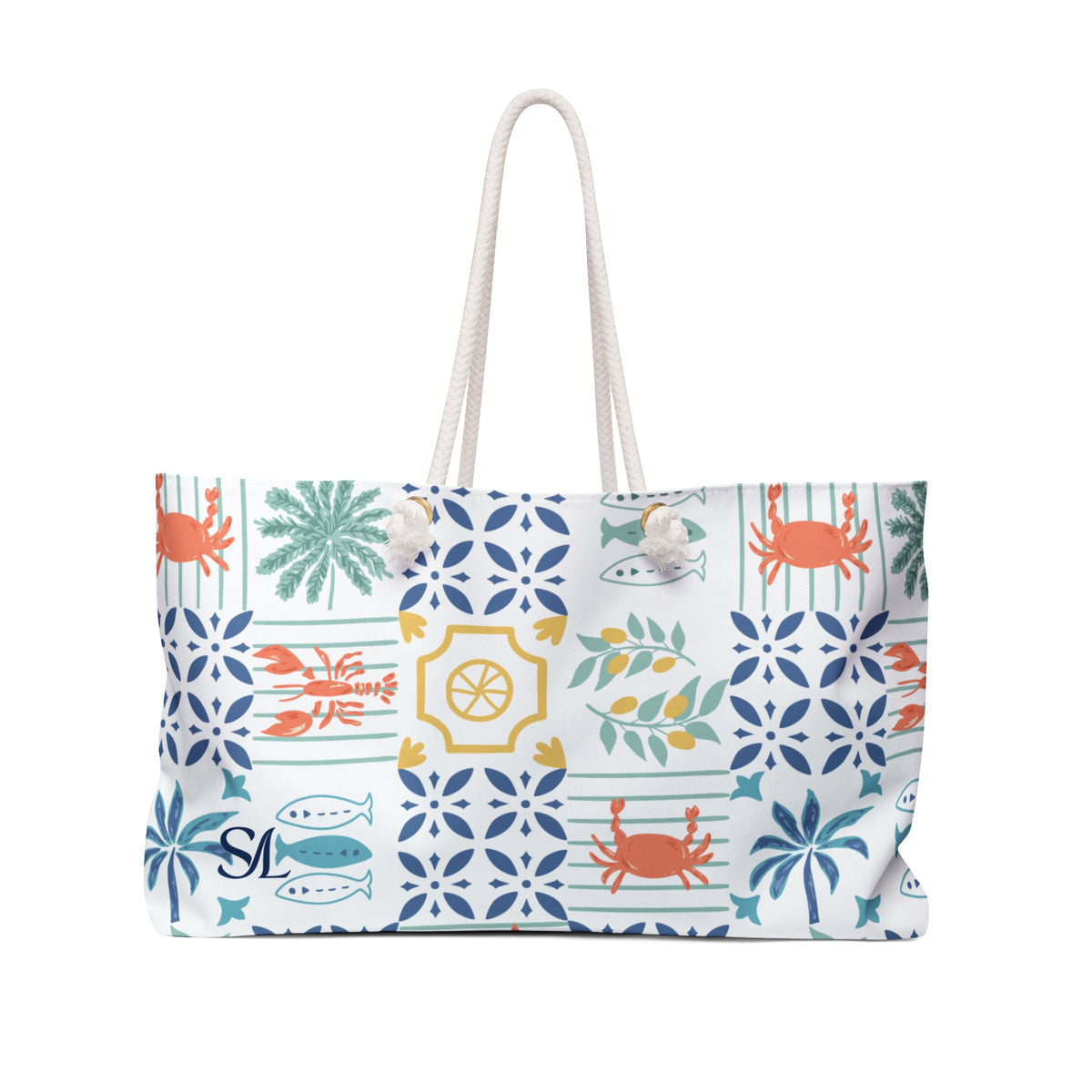 Coastal Catch 24 × 13 inch weekender tote with a playful lobster print — front product photo