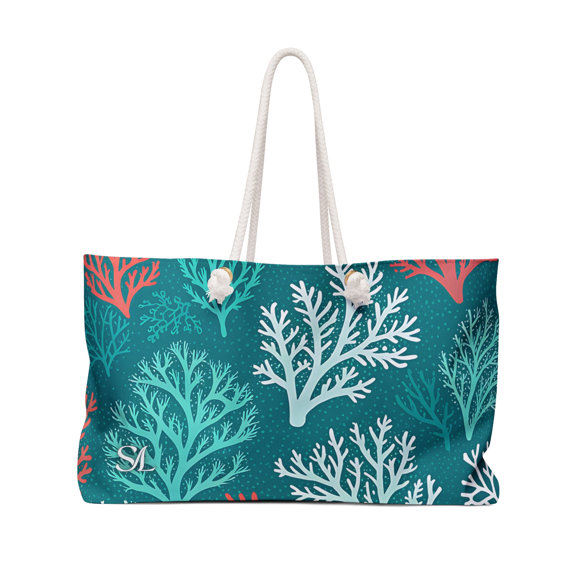 Key Largo 24 × 13 inch weekender tote with teal and coral branches — front product photo