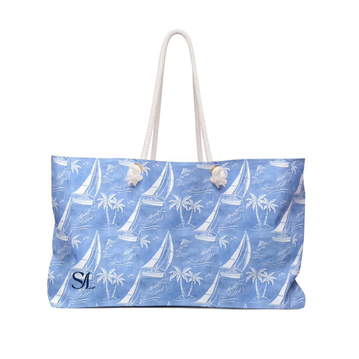 Trade Winds 24 × 13 inch weekender tote with blue sailboats — front product photo
