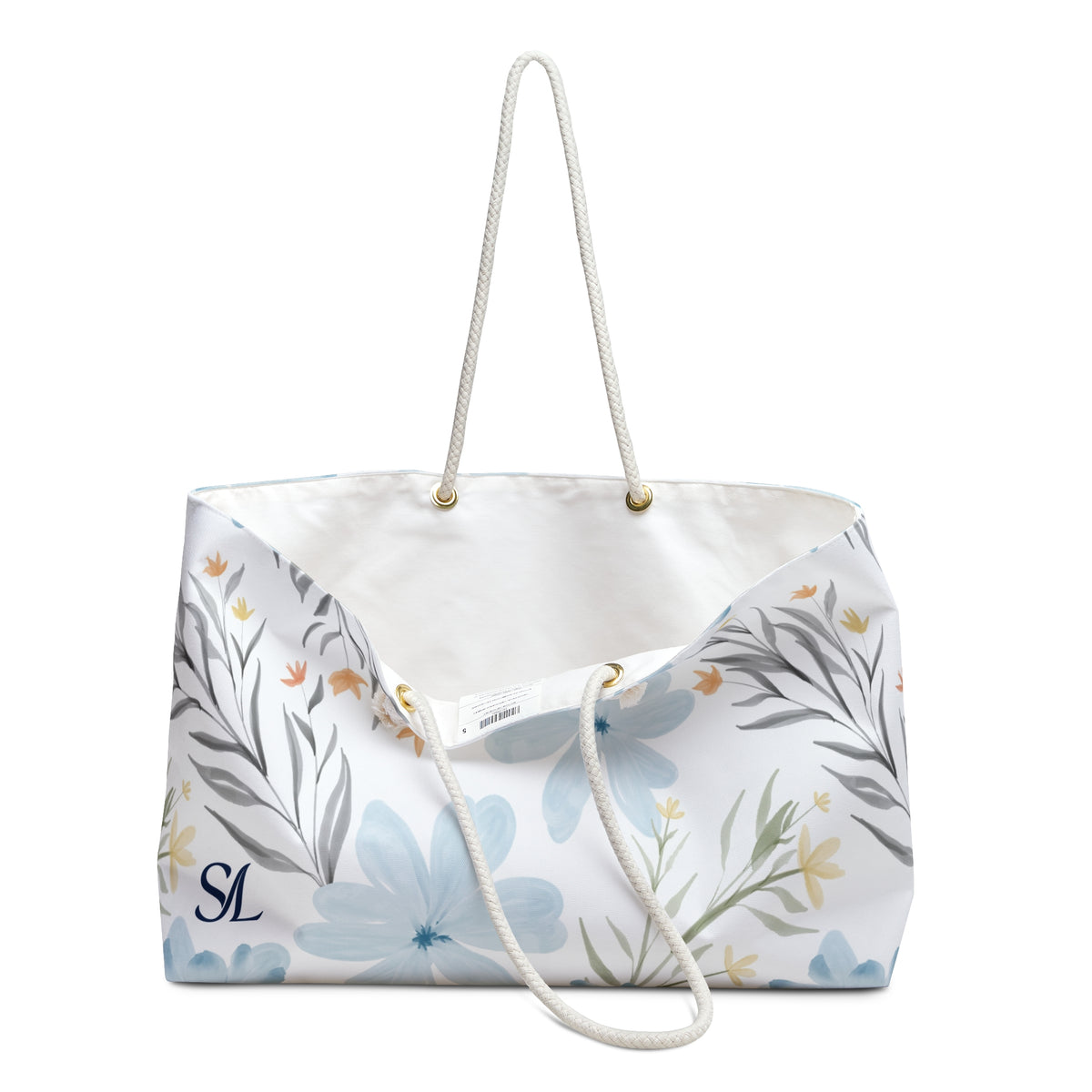 Coastal Wildflower 24 × 13 inch weekender tote with light blue wildflowers — product photo 3