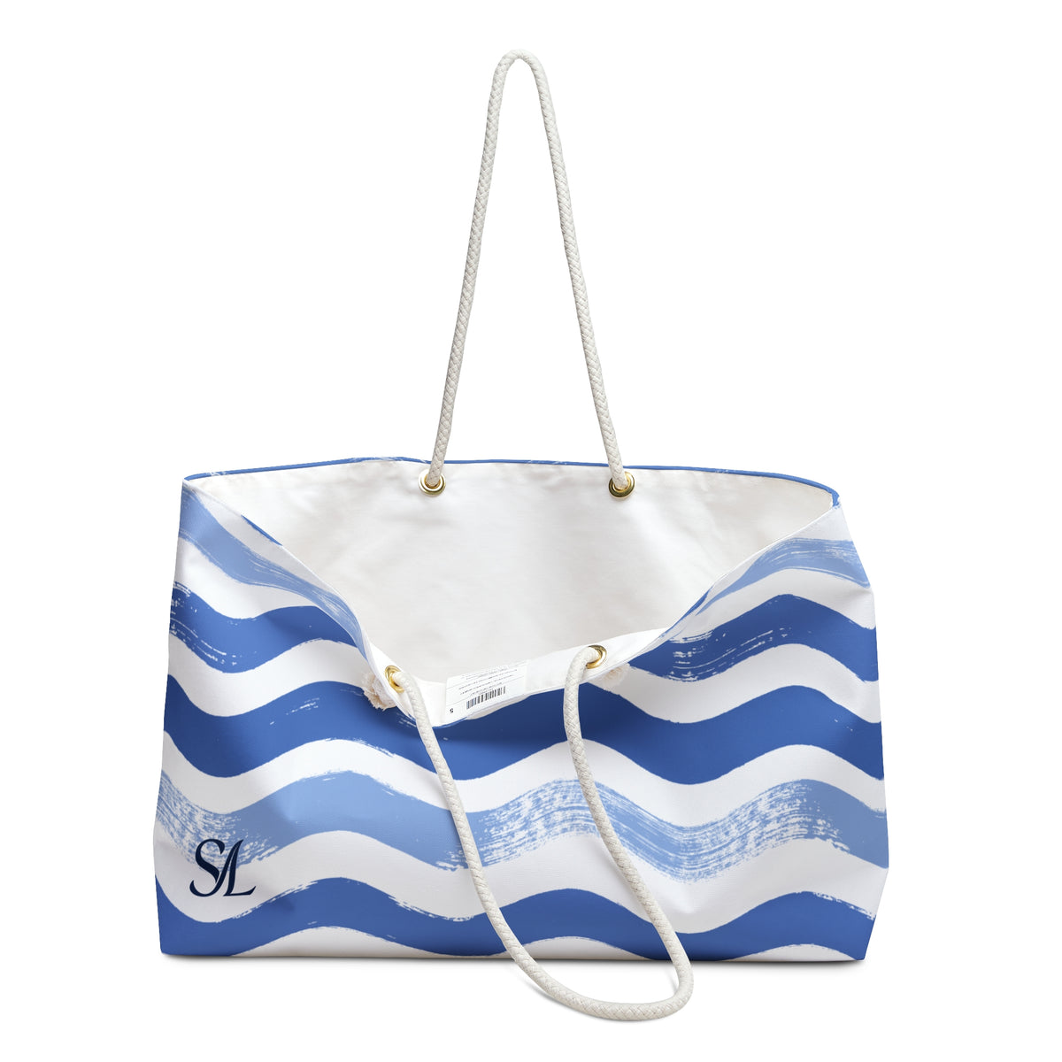Ocean Swell 24 × 13 inch weekender tote with horizontal blue and pale blue waves — product photo 3