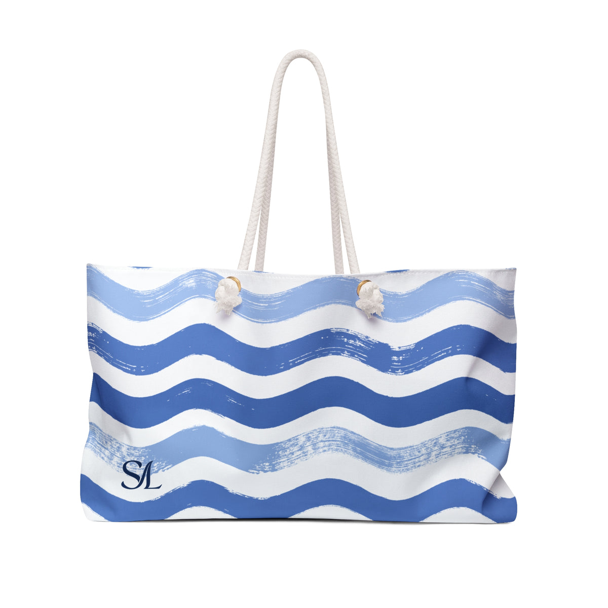 Ocean Swell 24 × 13 inch weekender tote with horizontal blue and pale blue waves — product photo 1