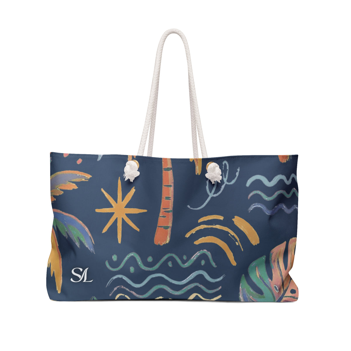 Boardwalk 24 × 13 inch weekender tote with navy tropical shapes and waves — product photo 1