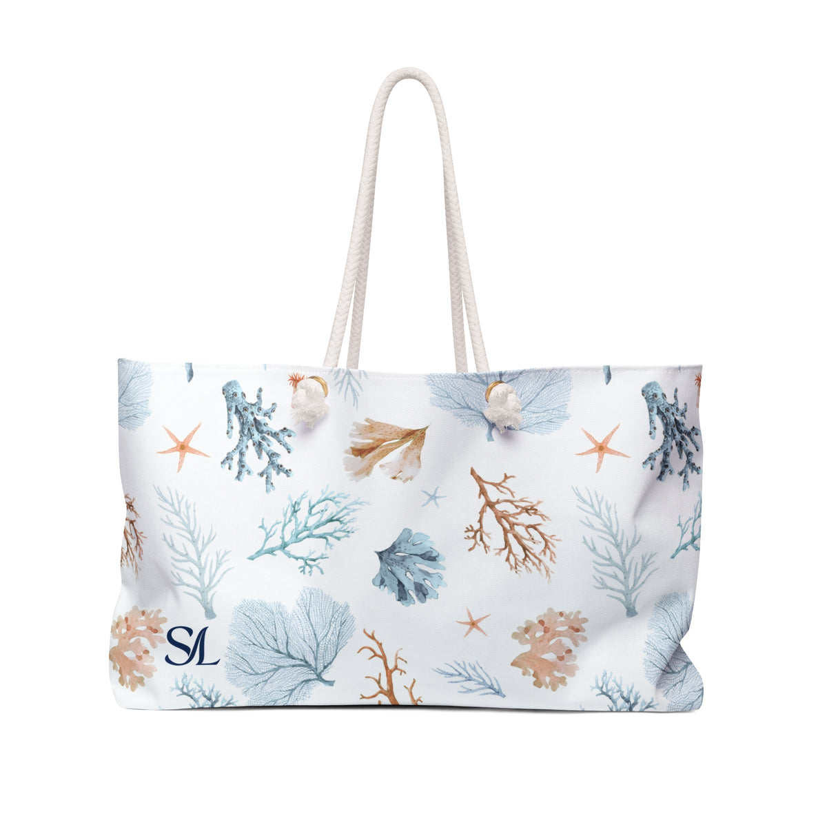 Seaside Coral 24 × 13 inch weekender tote with a coral-inspired print — front product photo