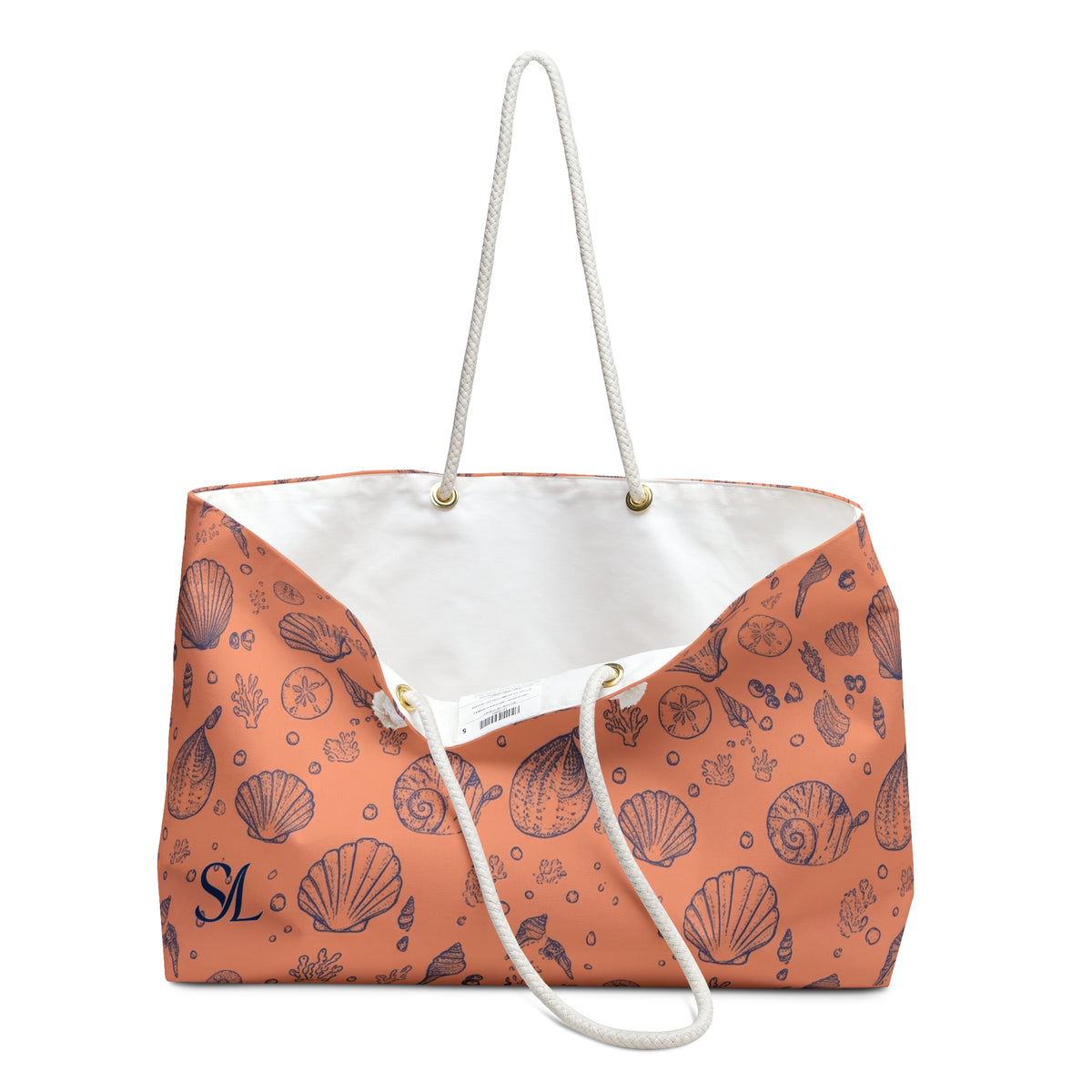 Sunset Shore 24 × 13 inch weekender tote with orange shell motifs — product photo 3