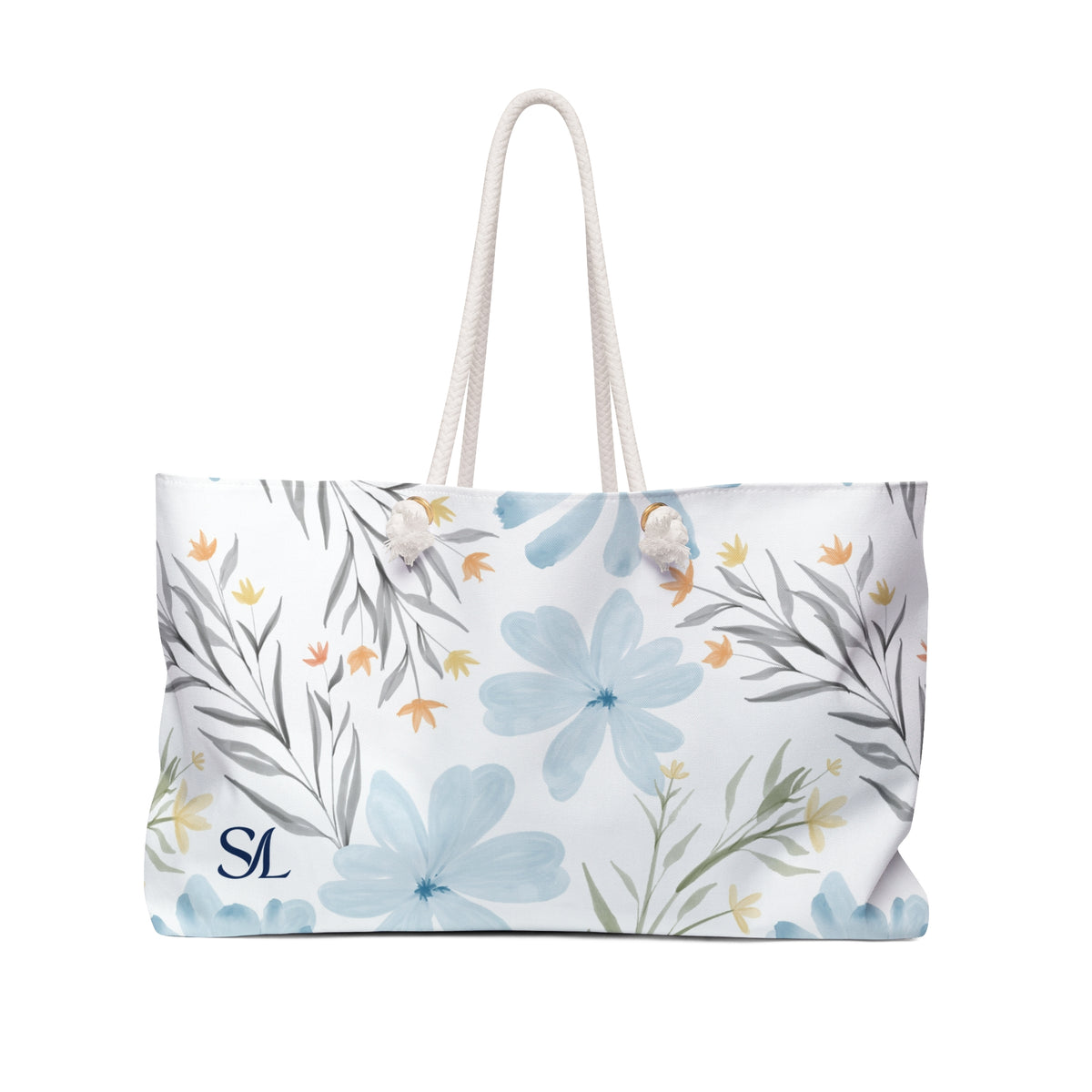 Coastal Wildflower 24 × 13 inch weekender tote with light blue wildflowers — front product photo