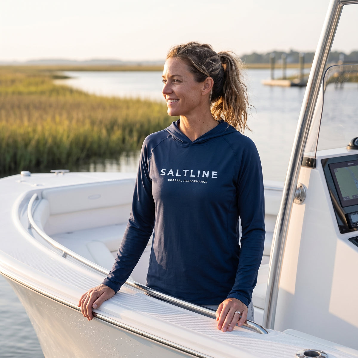 Saltline Deep Atlantic UPF 50+ sun hoodie lifestyle image
