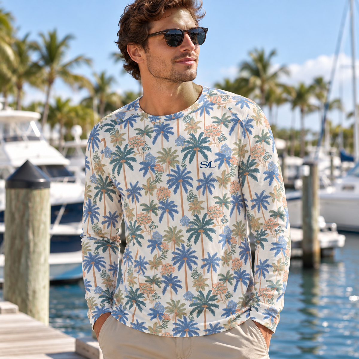 Man wearing Island Palms Sun Shirt in a coastal setting