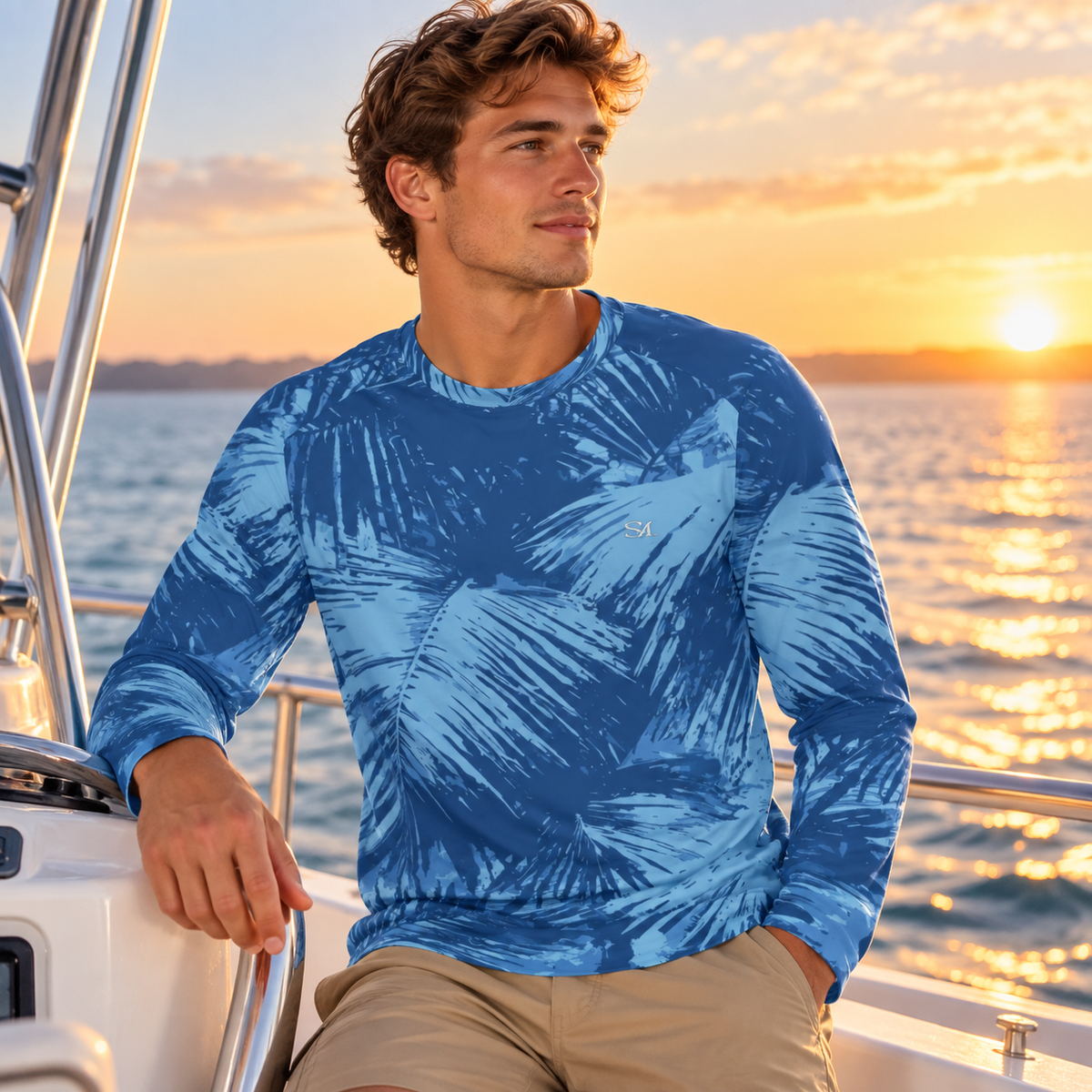 Man wearing Midnight Palm Sun Shirt in a coastal setting