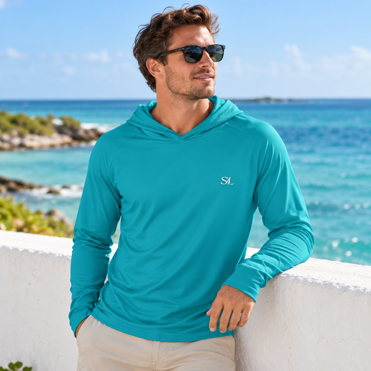 abaco m close lifestyle view of Saltline sun hoodie