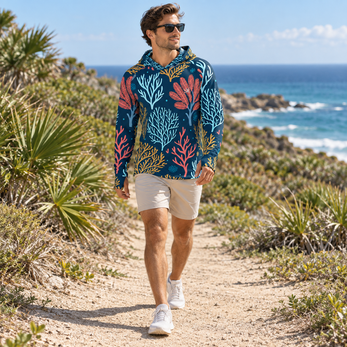 midnight m wide lifestyle view of Saltline sun hoodie