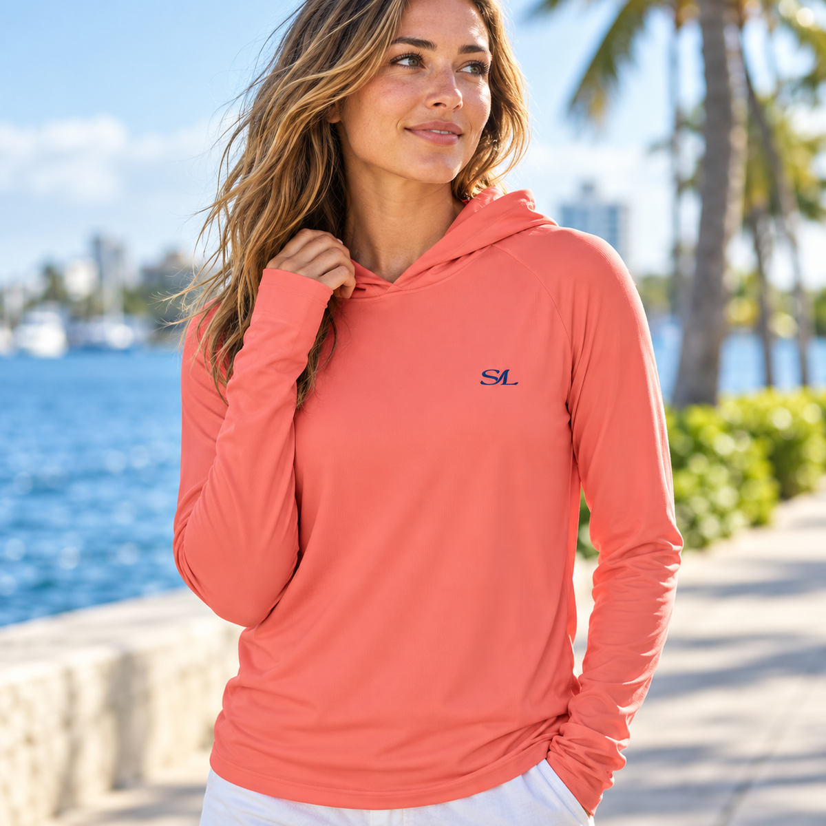 spindrift f close lifestyle view of Saltline sun hoodie