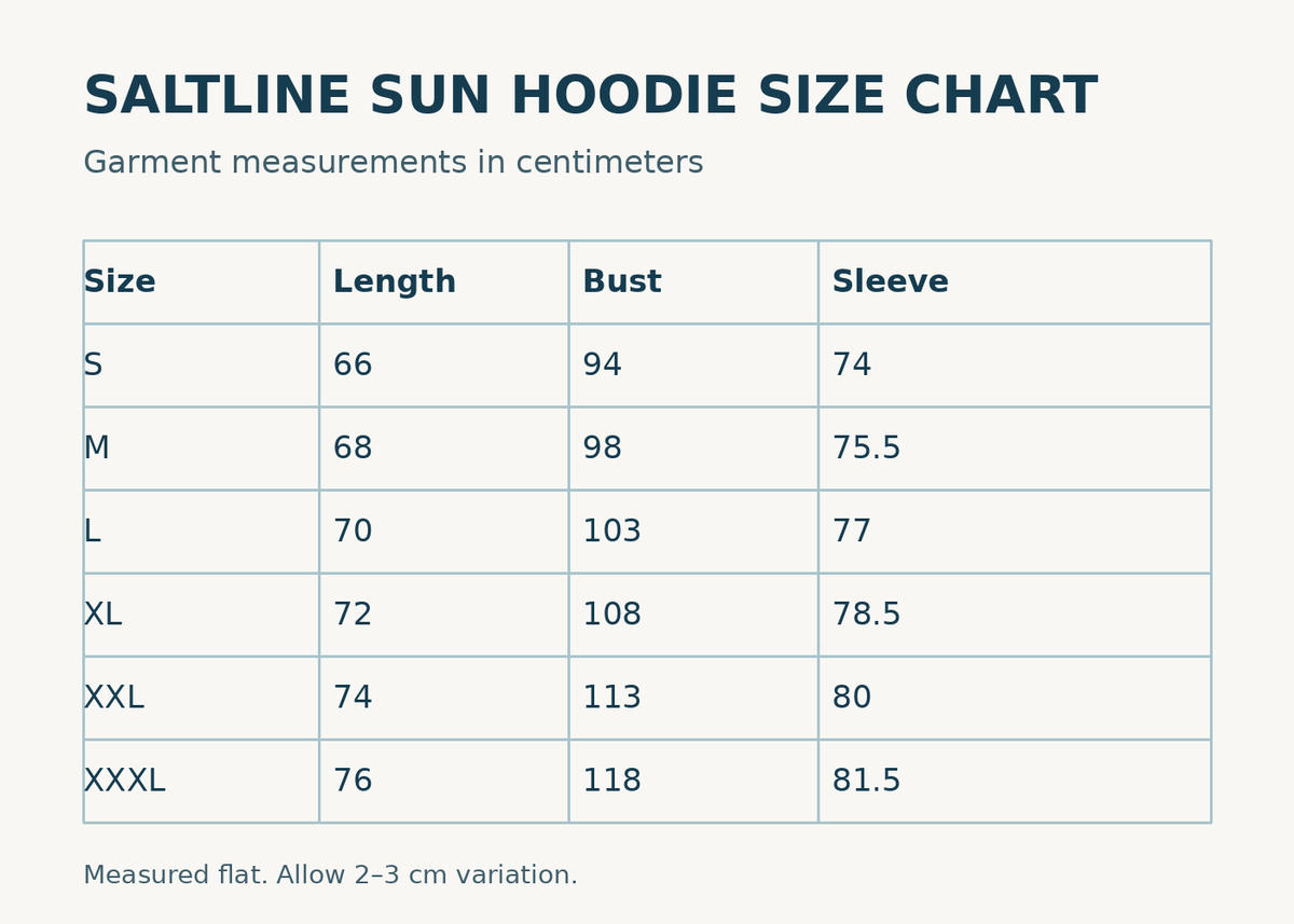 Reef Garden Sun Hoodie size chart, S through XXXL in centimeters