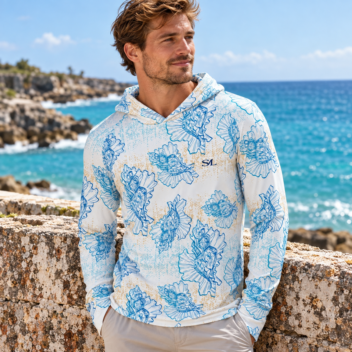 triton m close lifestyle view of Saltline sun hoodie