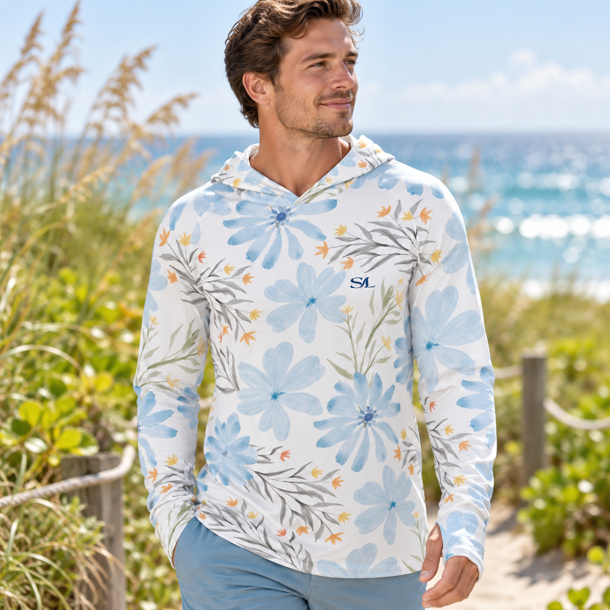 wildflower m close lifestyle view of Saltline sun hoodie