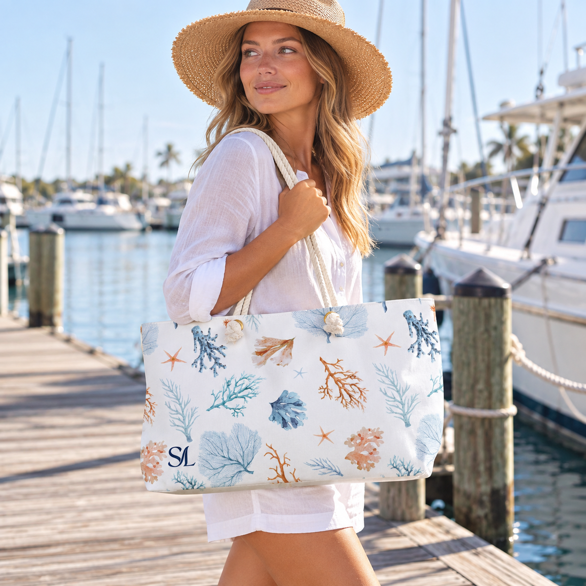 Woman carrying Seaside Coral weekender bag on a marina dock