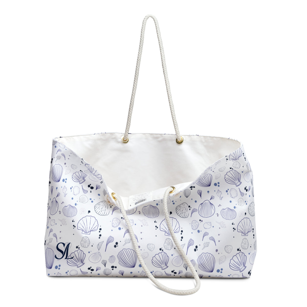 Shell Seeker 24 × 13 inch weekender tote with blue and lavender shells — product photo 3