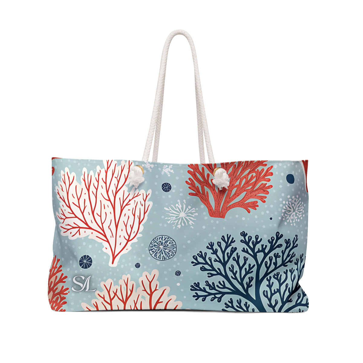 Coral Bay 24 × 13 inch weekender tote with coral and starfish — front product photo