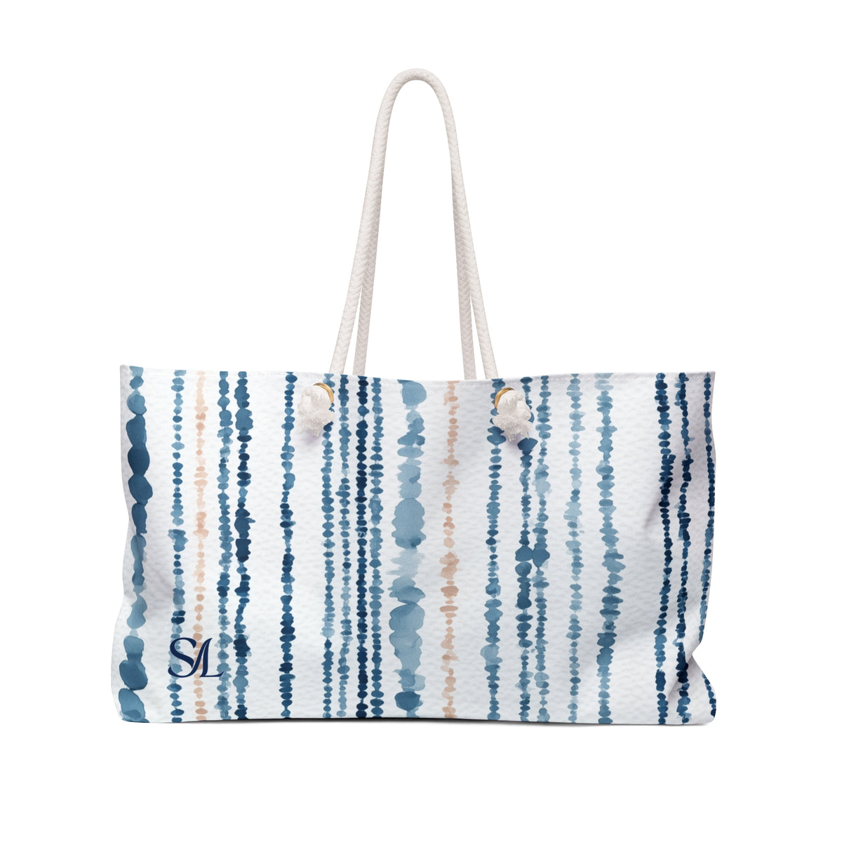Maritime Stripe 24 × 13 inch weekender tote with blue watercolor stripes — front product photo