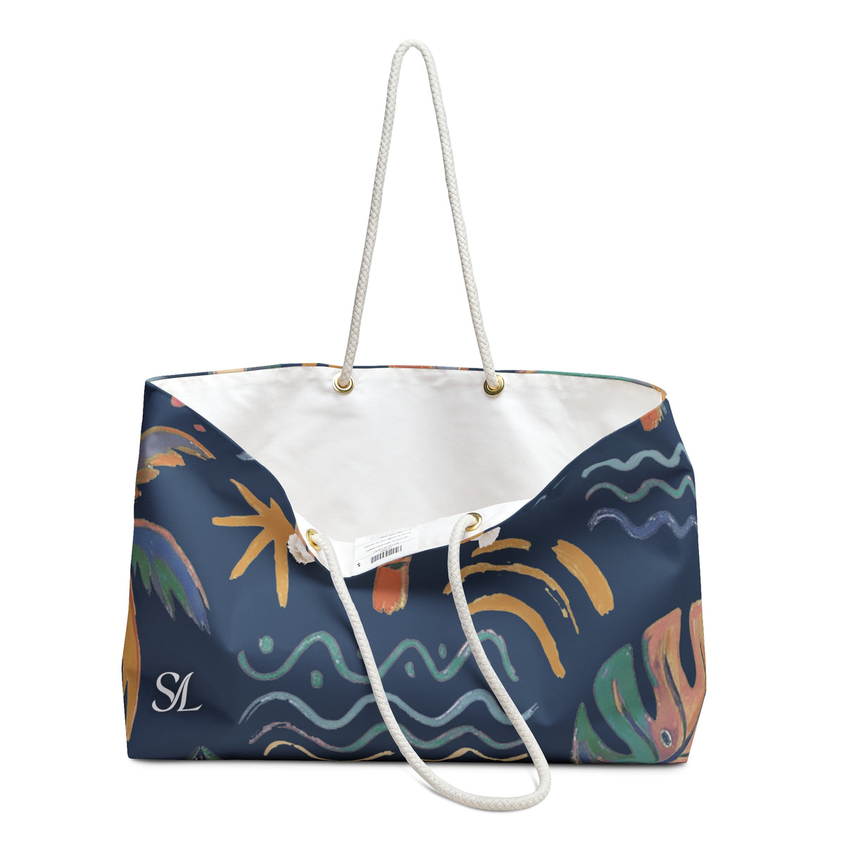 Boardwalk 24 × 13 inch weekender tote with navy tropical shapes and waves — product photo 3