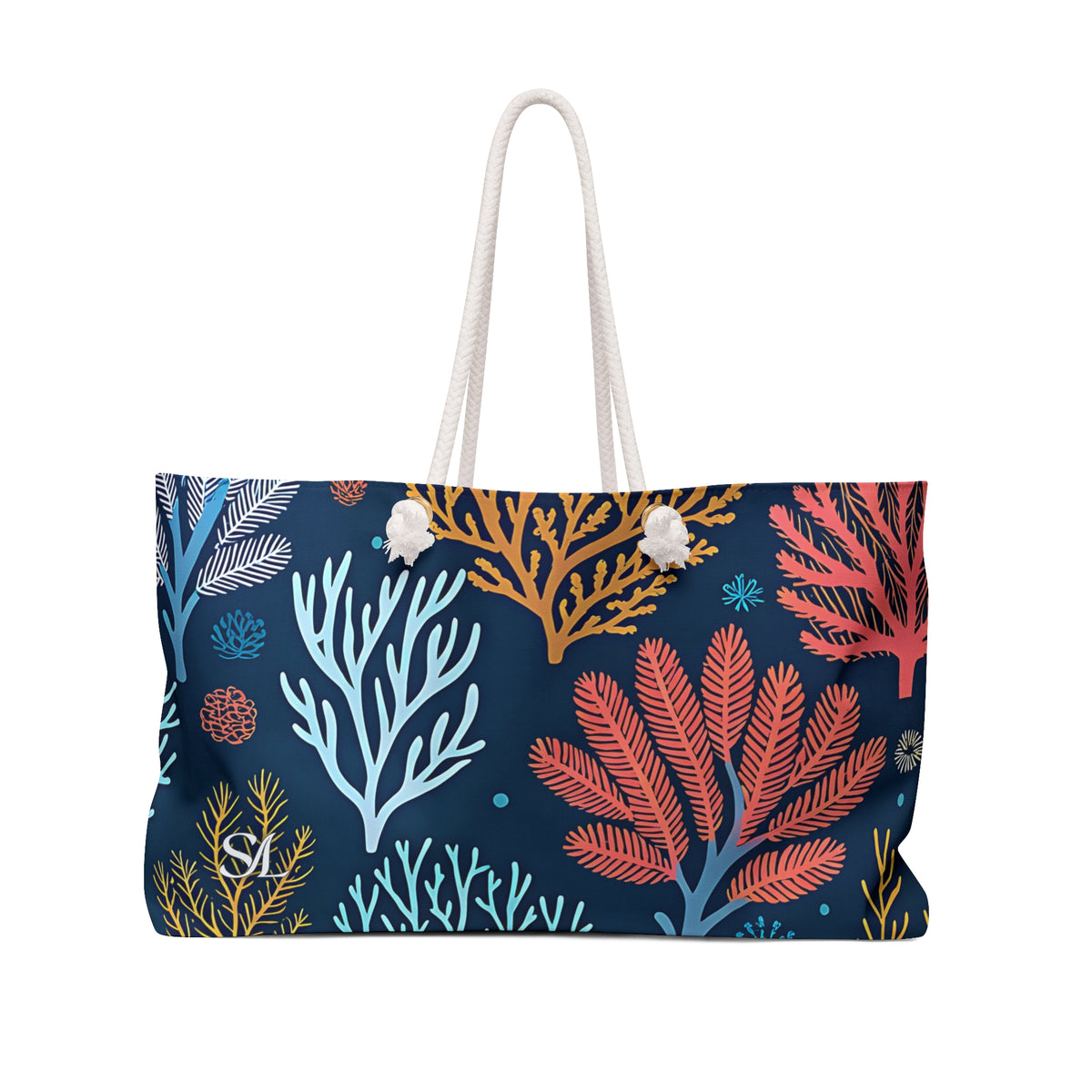 Midnight Coral 24 × 13 inch weekender tote with a coral-inspired print — front product photo