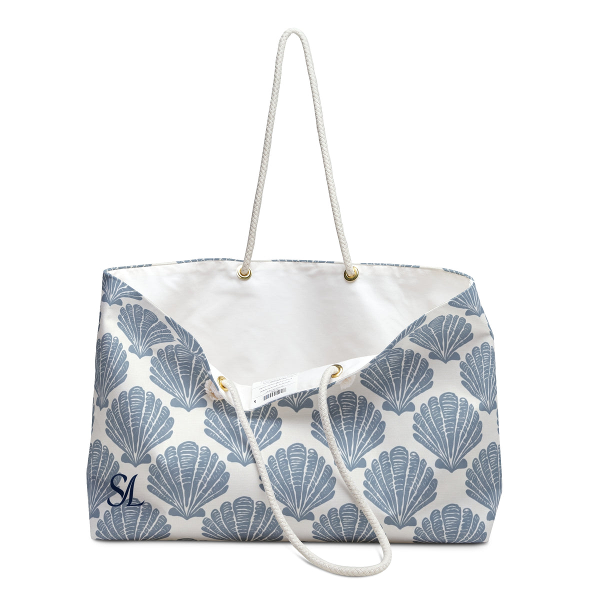 Classic Scallop 24 × 13 inch weekender tote with a line of blue scallop shells — product photo 3