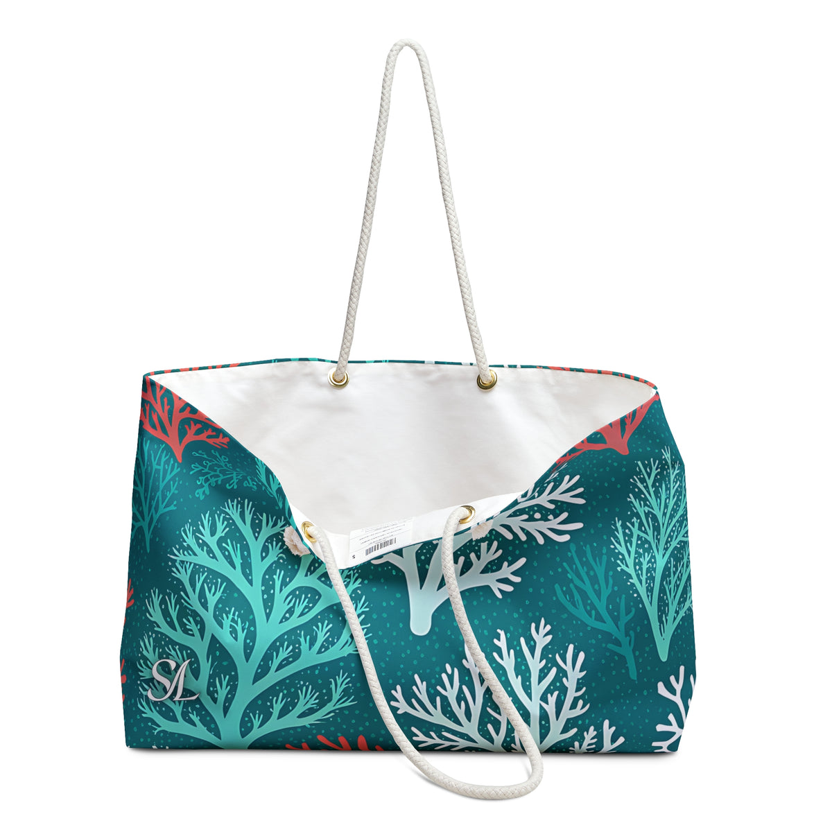 Key Largo 24 × 13 inch weekender tote with teal and coral branches — product photo 3