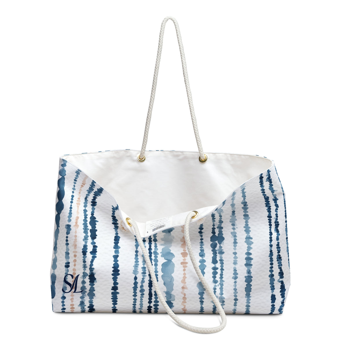 Maritime Stripe 24 × 13 inch weekender tote with blue watercolor stripes — product photo 3