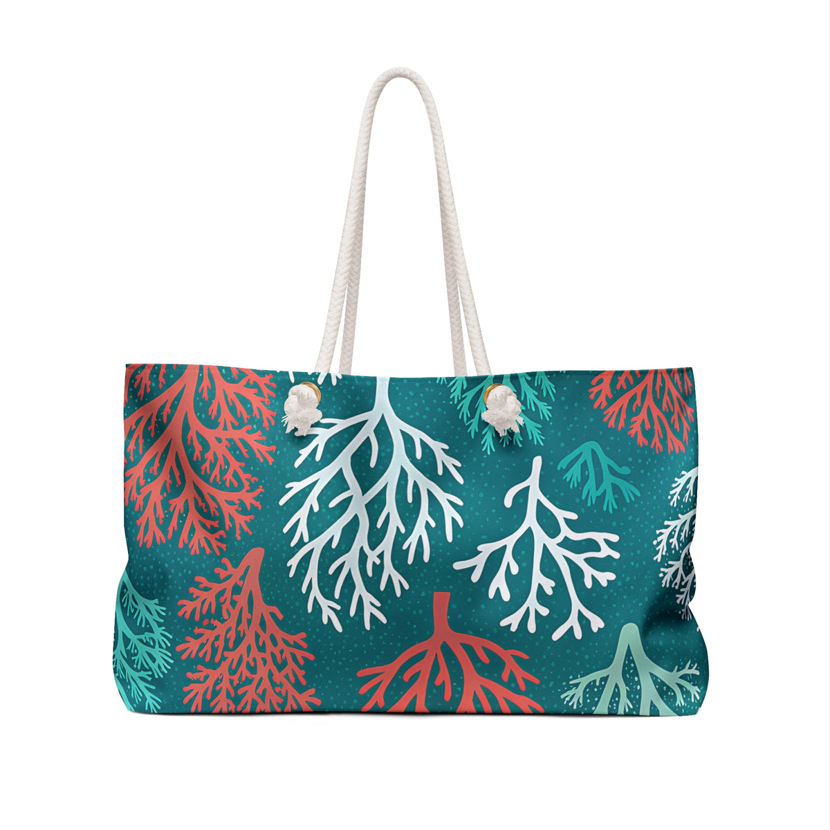 Key Largo 24 × 13 inch weekender tote with teal and coral branches — product photo 2