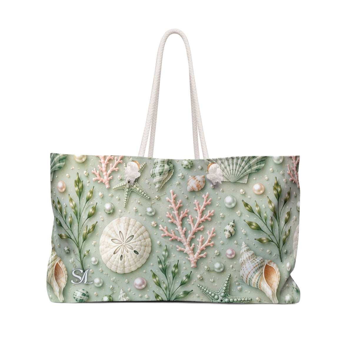 Seaside Pearl 24 × 13 inch weekender tote with soft green sea life — product photo 1
