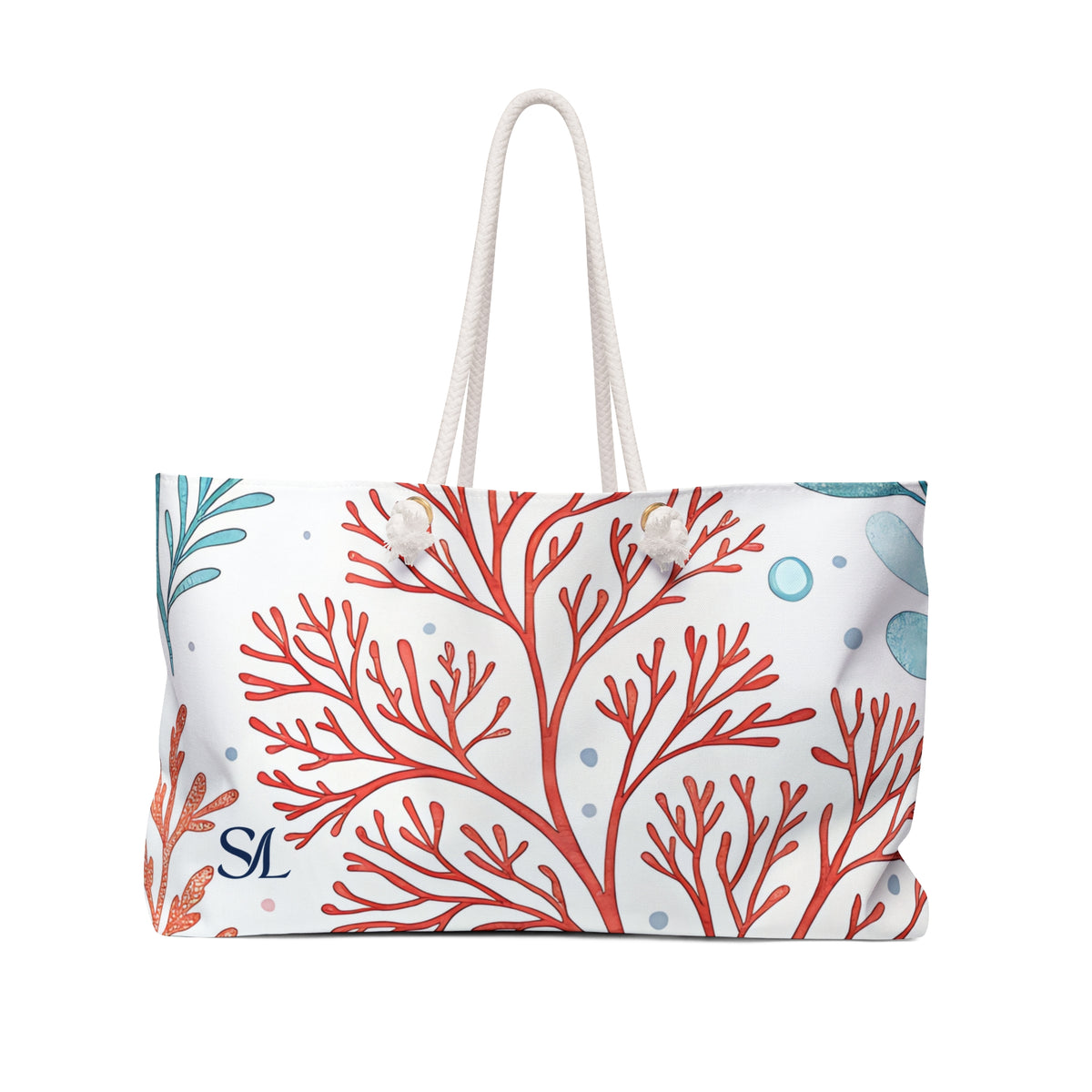 Reef Garden 24 × 13 inch weekender tote with watercolor coral and seaweed — front product photo