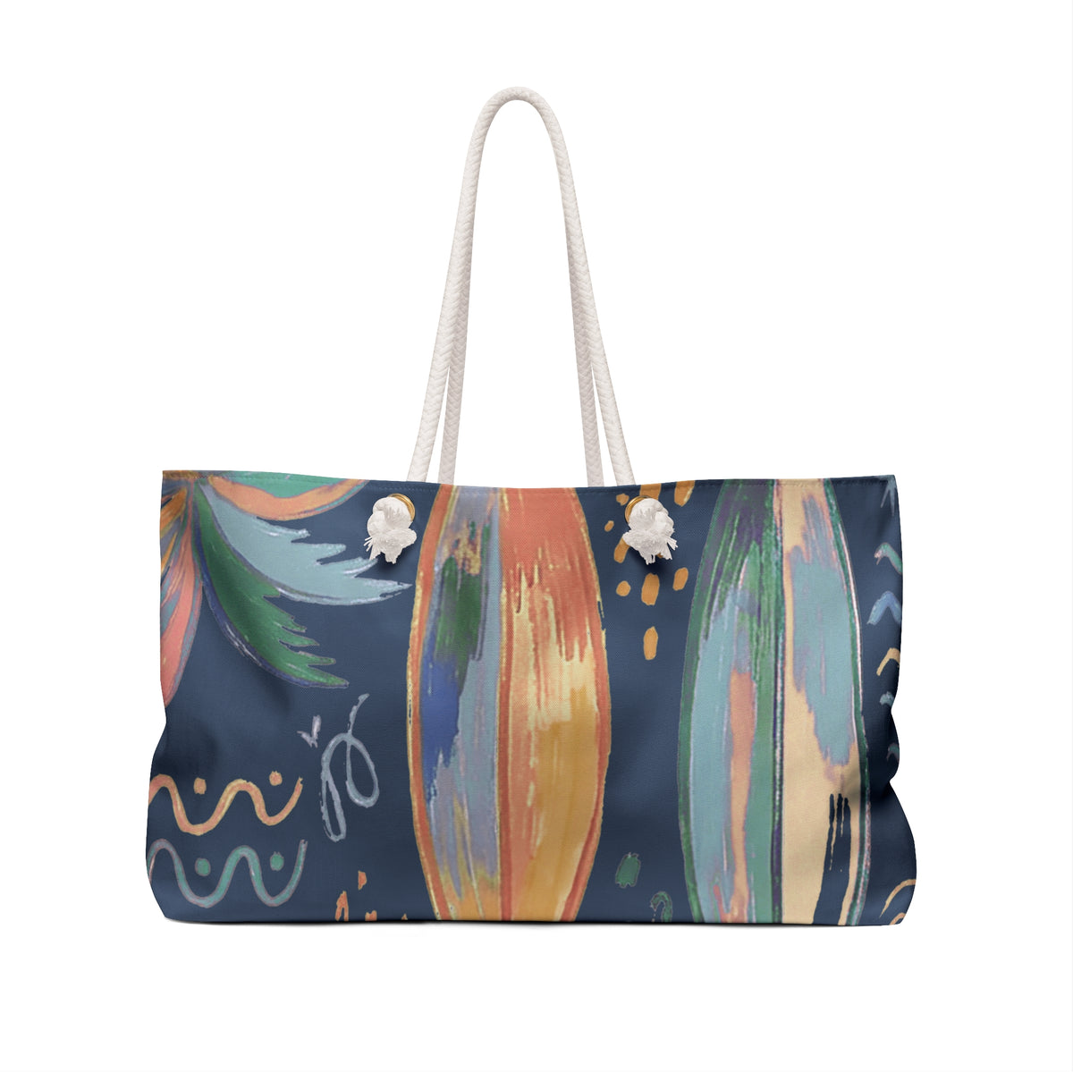 Boardwalk 24 × 13 inch weekender tote with navy tropical shapes and waves — product photo 2
