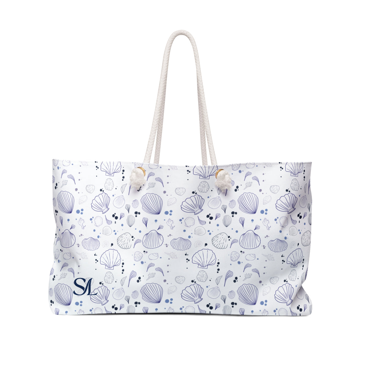 Shell Seeker 24 × 13 inch weekender tote with blue and lavender shells — product photo 1