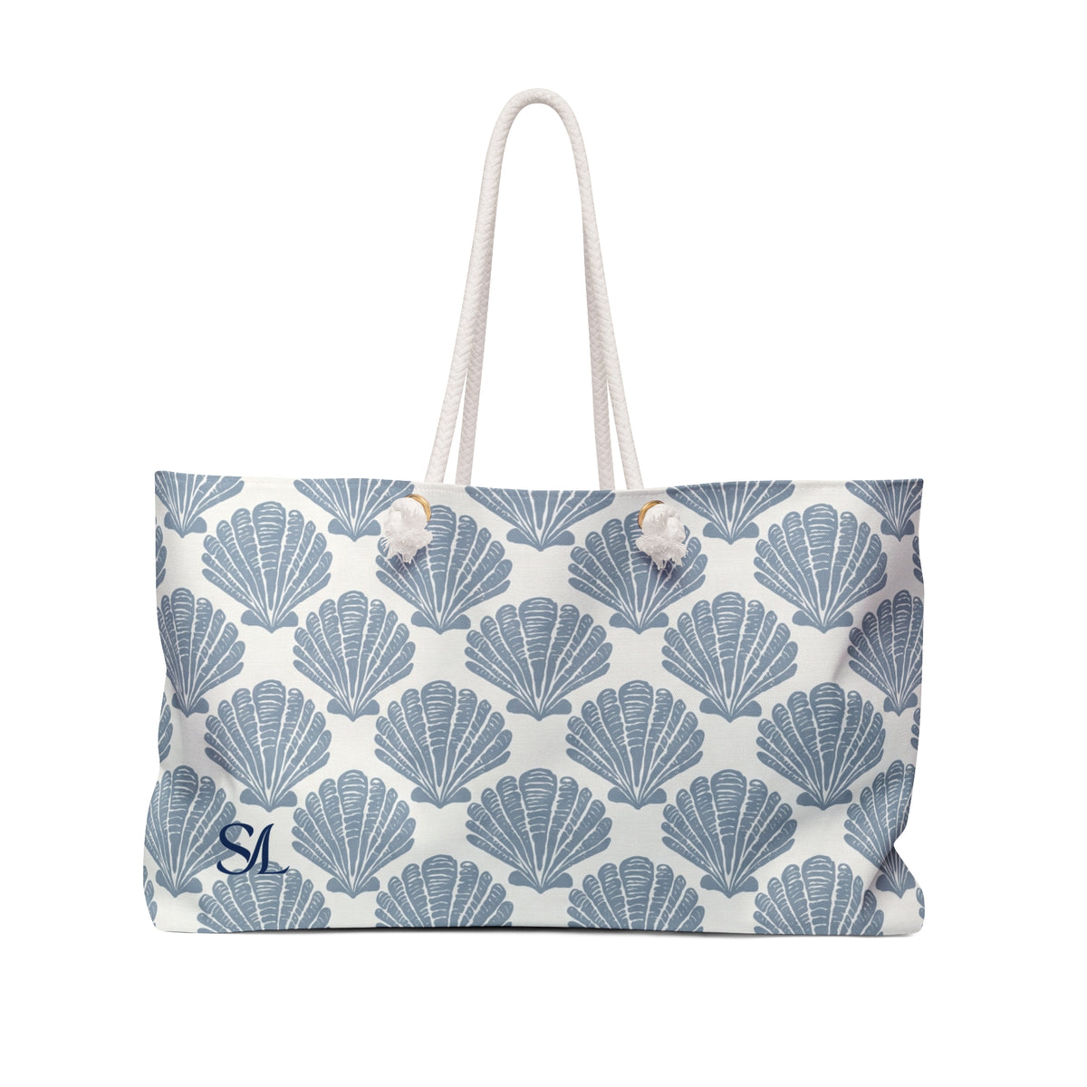 Classic Scallop 24 × 13 inch weekender tote with a line of blue scallop shells — front product photo
