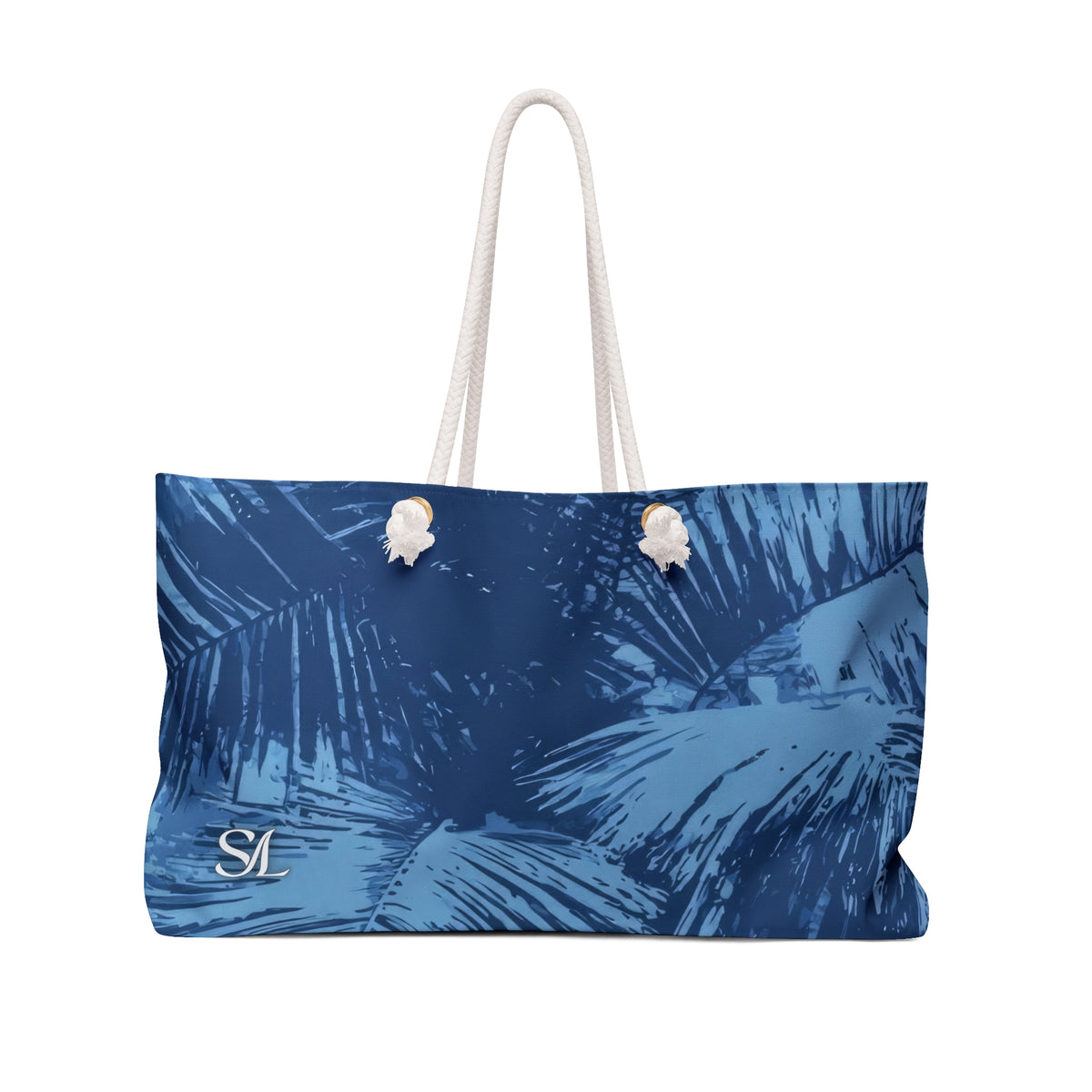 Midnight Palm 24 × 13 inch weekender tote with dark blue palm fronds — front product photo