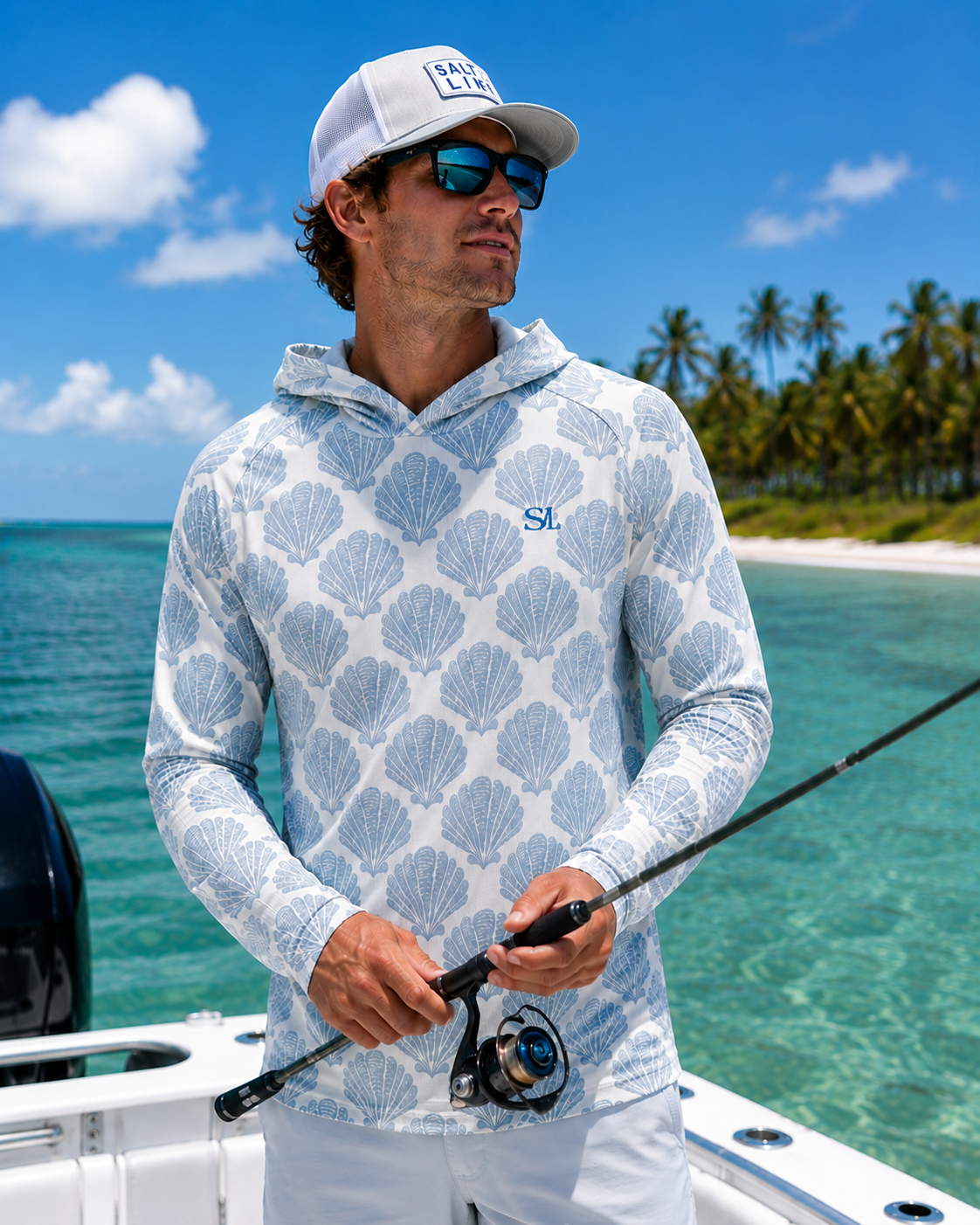 Saltline Classic Scallop UPF 50+ sun hoodie lifestyle image on the water