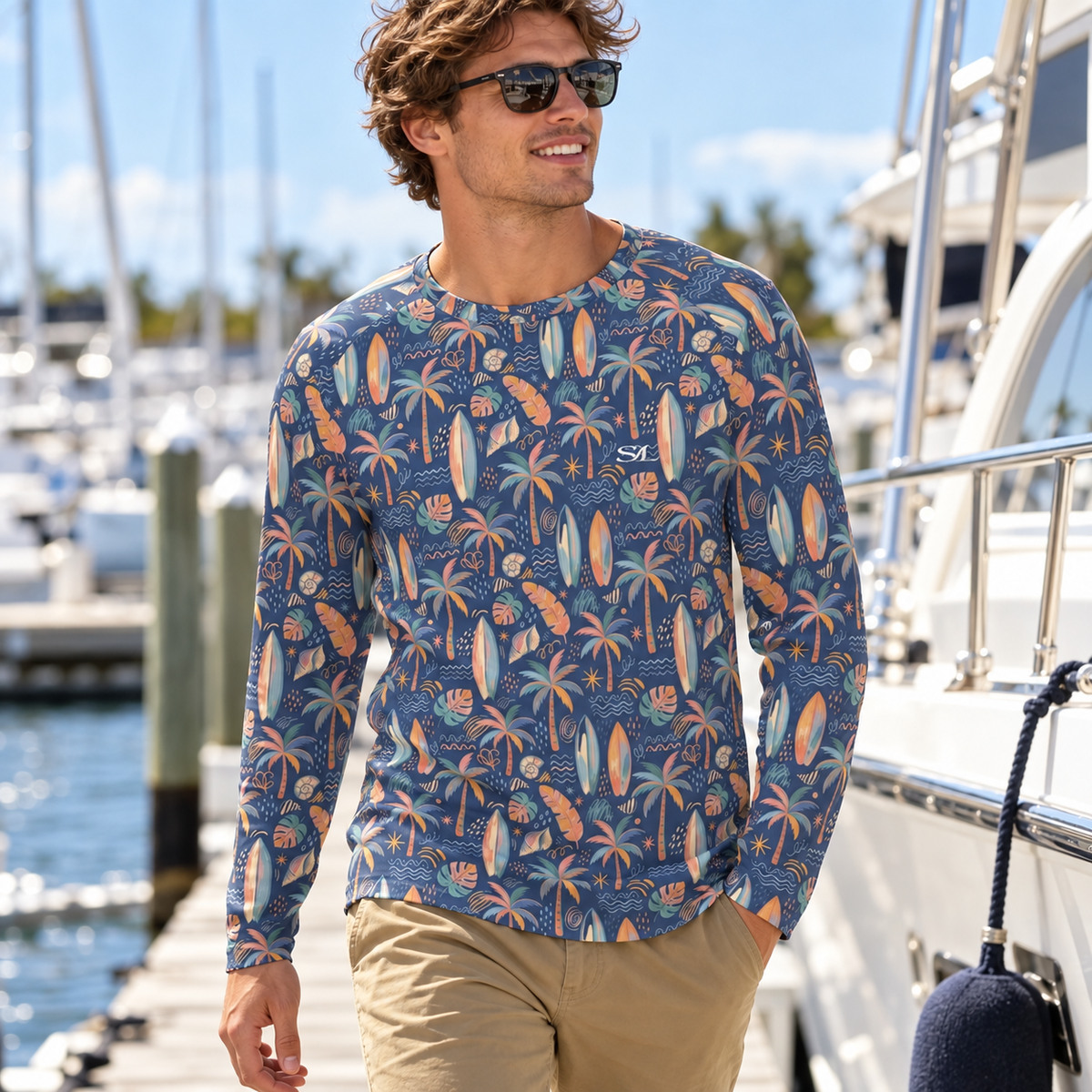 Man wearing Boardwalk Sun Shirt in a coastal setting