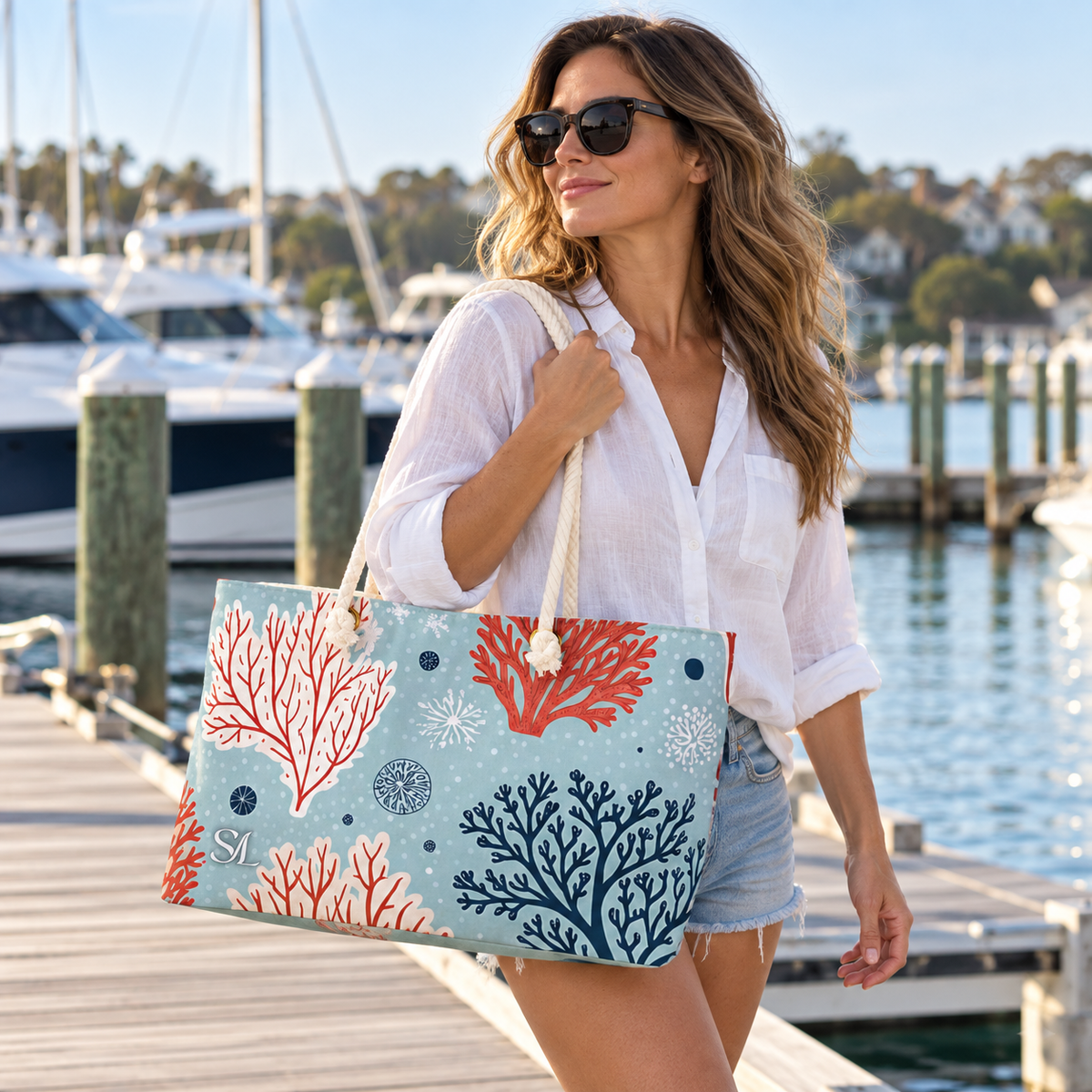 Woman carrying Coral Bay weekender bag on a marina dock