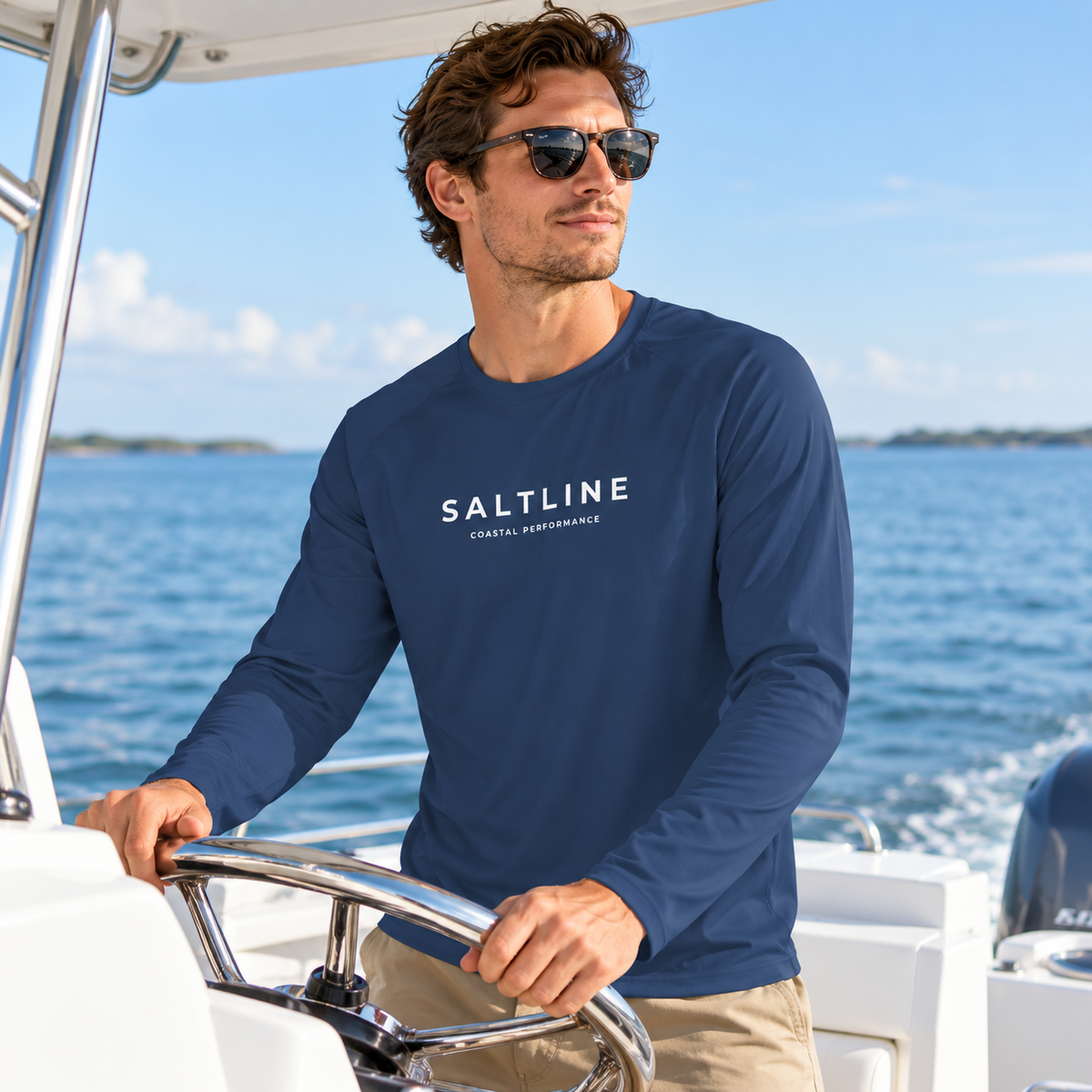 Man wearing Deep Atlantic Coastal Performance Sun Shirt in a coastal setting