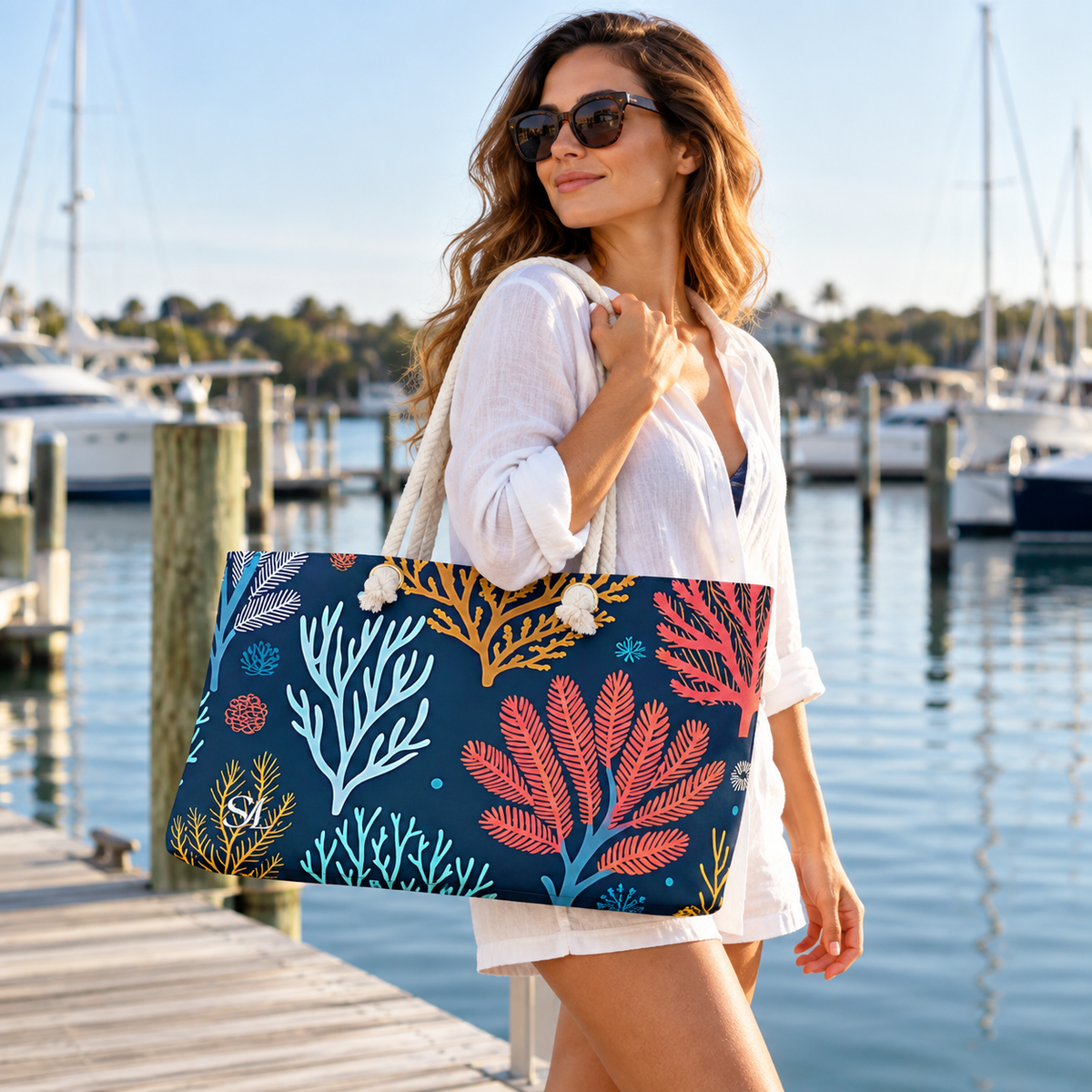Woman carrying Midnight Coral weekender bag on a marina dock