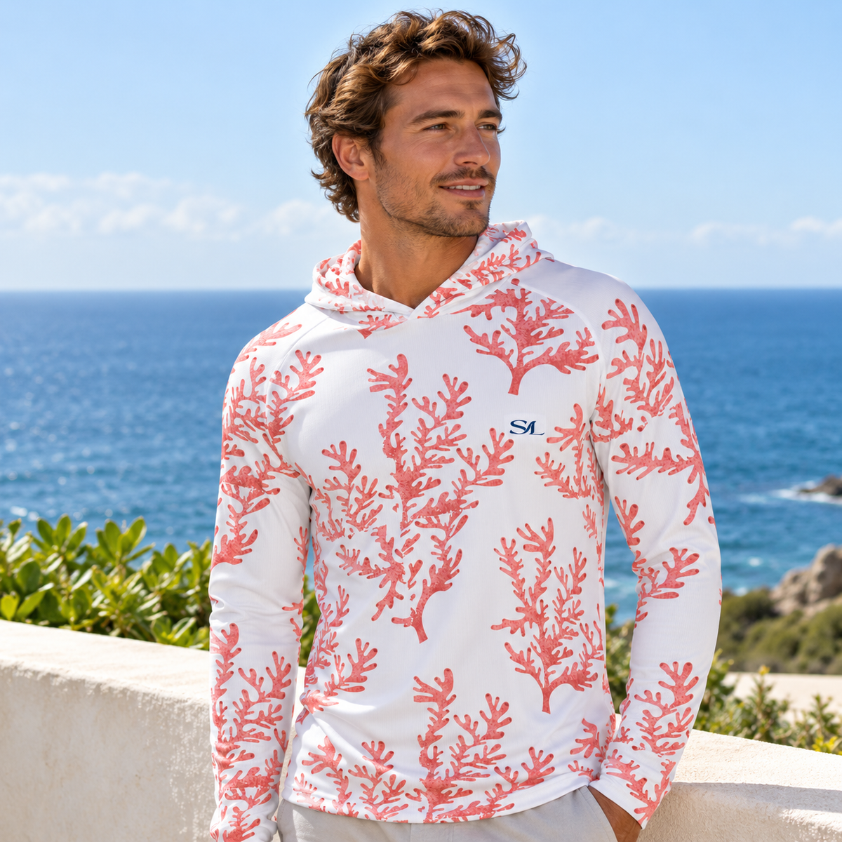 Man wearing Barrier Reef Sun Hoodie, close view