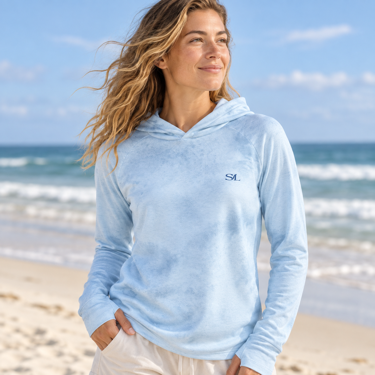 Woman wearing Low Tide Sky Sun Hoodie, close view