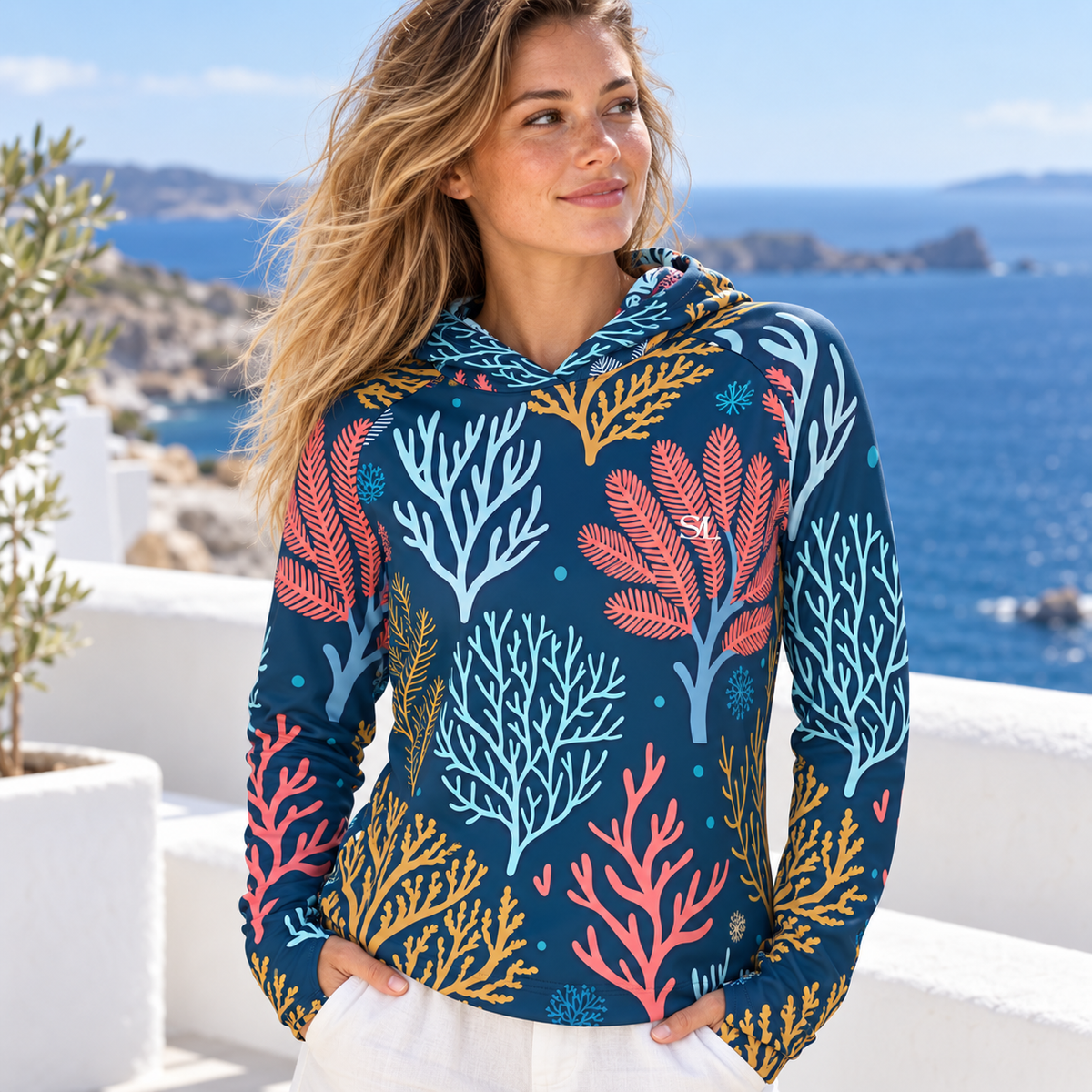 midnight f close lifestyle view of Saltline sun hoodie