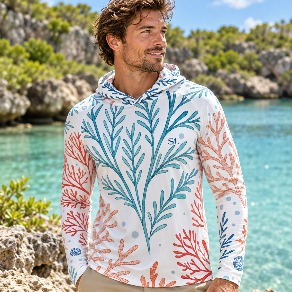 Man wearing Reef Garden Sun Hoodie, close view