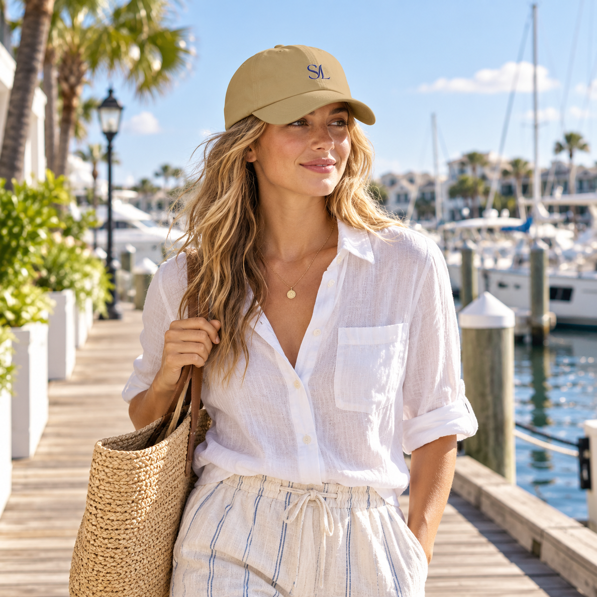 Woman wearing Coastal Sand Logo Cap outdoors on the coast, wider view