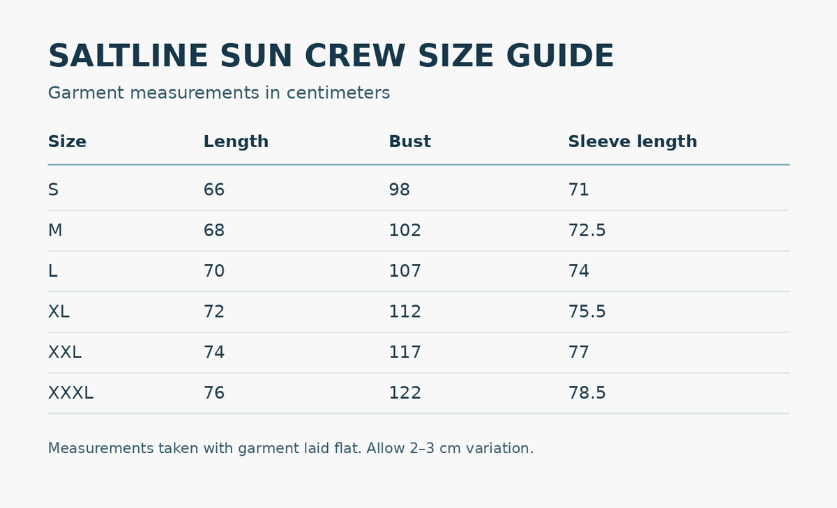 Saltline Sun Crew size chart, S through XXXL, garment measurements in centimeters