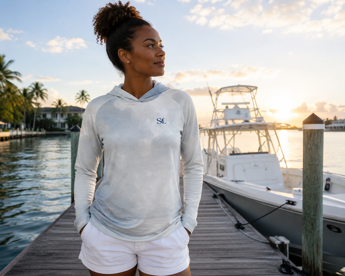 Saltline Sea Fog UPF 50+ sun hoodie lifestyle image